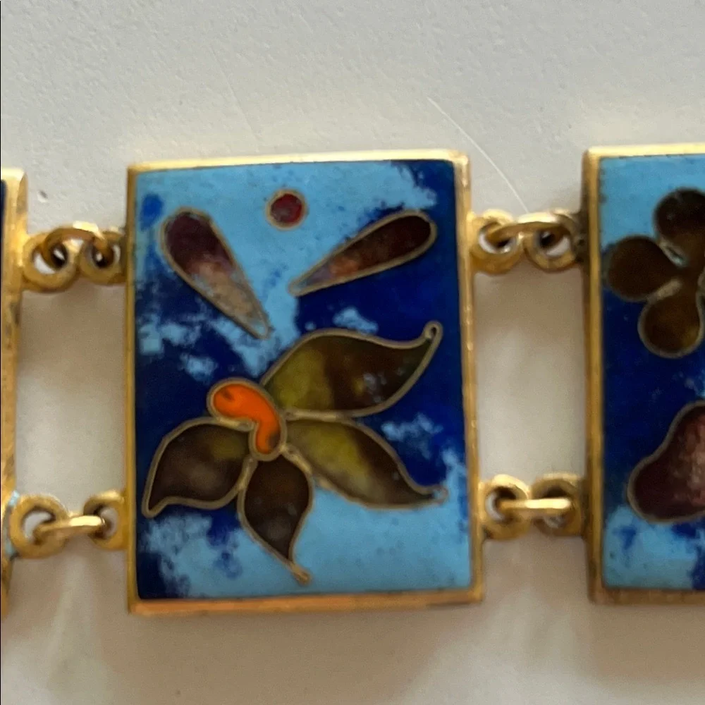 Vintage panel enamel cloisonné turquoise blue gold bracelet - Picture 9 of 17